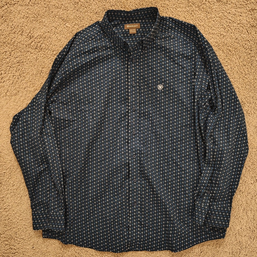 Ariat Mens XXL Long Sleeve Button Down Shirt Navy Blue Geometric Floral Print